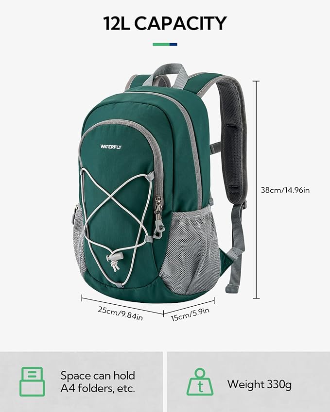 WATERFLY 12L Small Hiking Backpack: Day Pack Lightweight Travel Bag Camping Fitness Cycling Outdoor