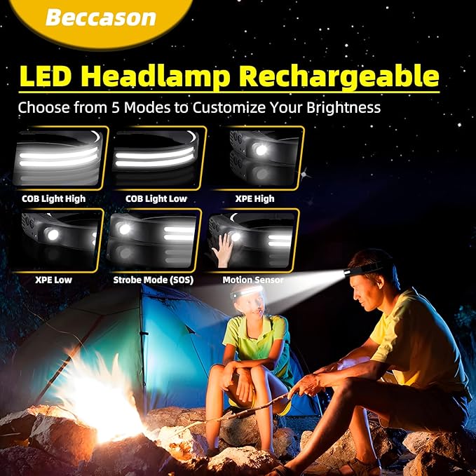 LED Headlamp Rechargeable 6PCS - 230° COB Super Bright Head Lights for Forehead, Hard hat Light for