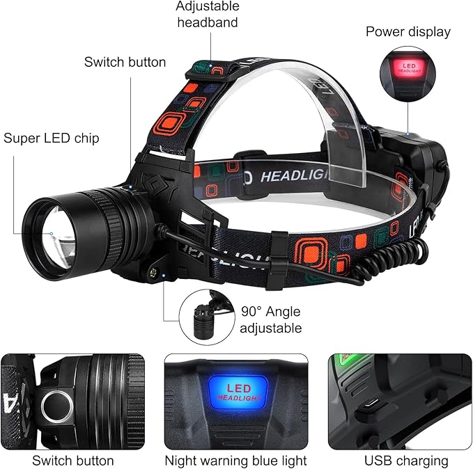 Rechargeable Headlamp, 99000 Lumens Super Bright LED Head Lamp with 3 Modes, 90° Adjustable Head