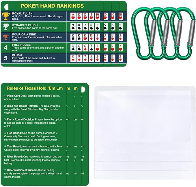 4-Pack (8 Cards) Poker Hand Rankings Cards Set with Magnifier & Clip, Texas Hold'em Cheat Sheet &