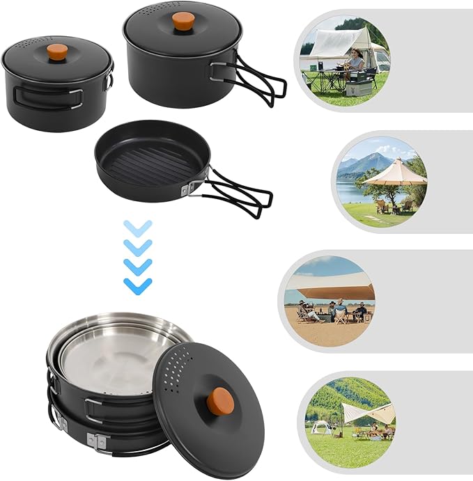 Portable Camping Cookware Set, 304 Stainless Steel Outdoor Camping Cooking Pots and Pans with