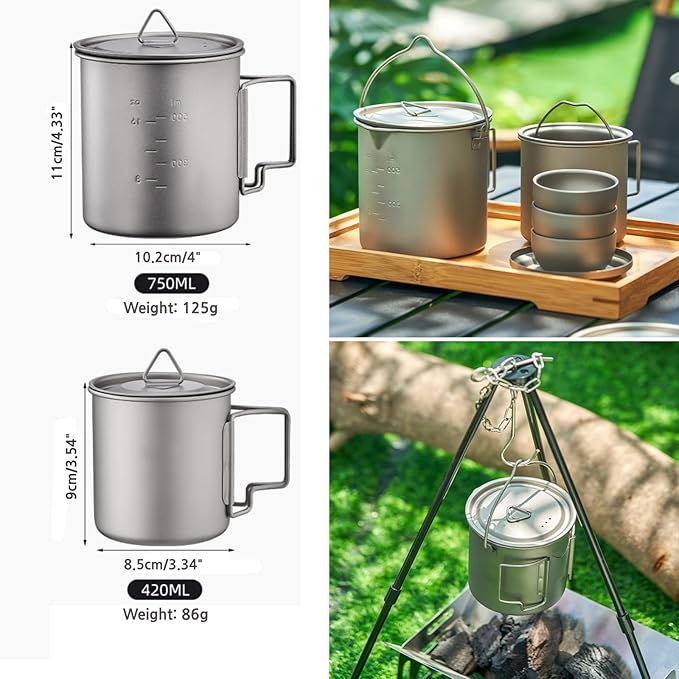 BY-J Titanium Camping Cookware Set – 750mL & 420mL Titanium Pot with Lid and Foldable Handle