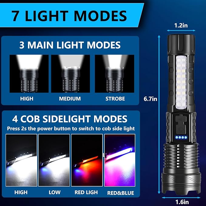 Rechargeable LED Flashlights, 90,000 Lumens Super Bright Handheld Flashlight, 7 Modes with COB Work
