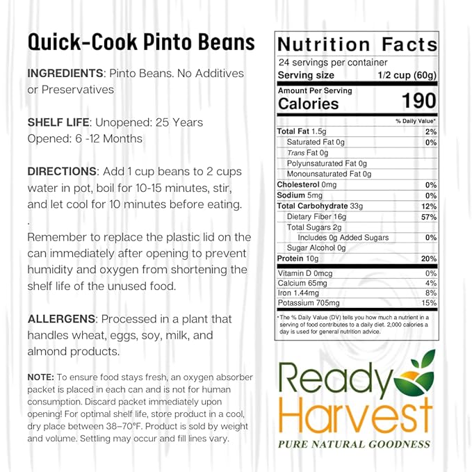 Ready Harvest Emergency Food - Quick-Cook Pinto Beans | Dried Beans | Survival Food | #10 Can |