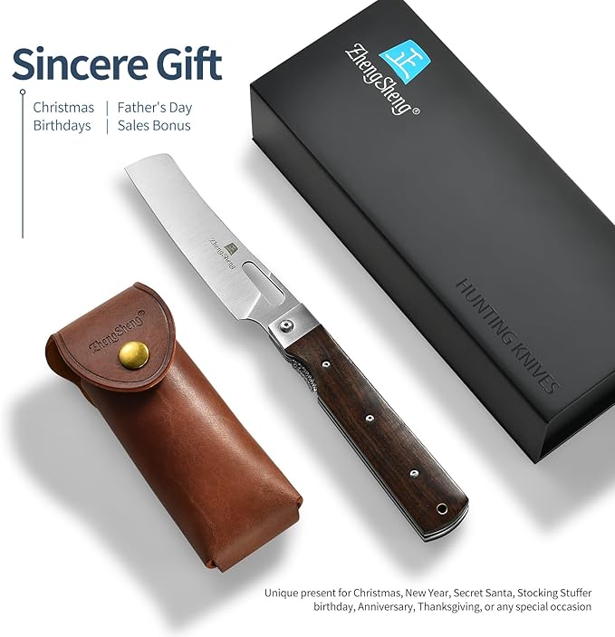Folding Chef Knife with Leather Pouch 4.8" Sharp 440A Stainless Steel Blade Wooden Handle Pocket