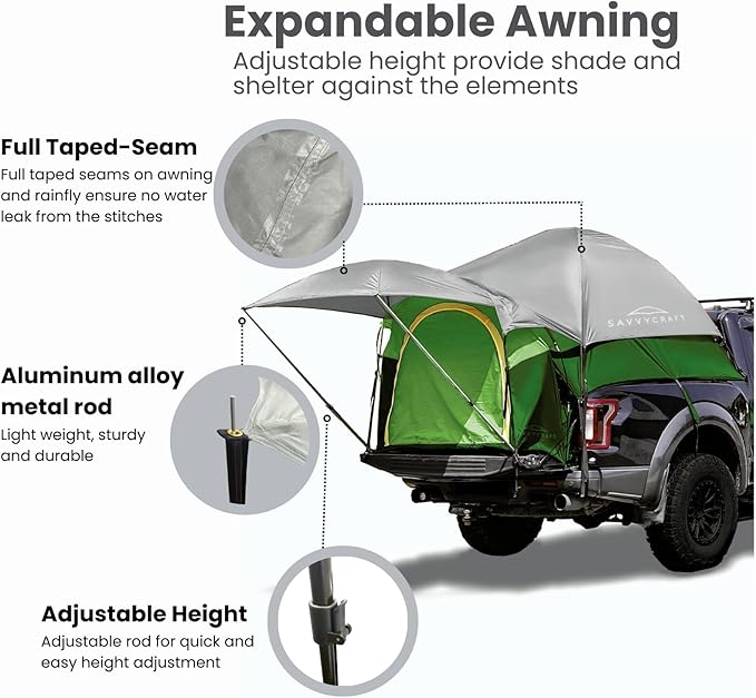 Savvycraft Pickup Truck Tent for Full Size and Mid Size Truck Short Bed and Long Bed, Waterproof