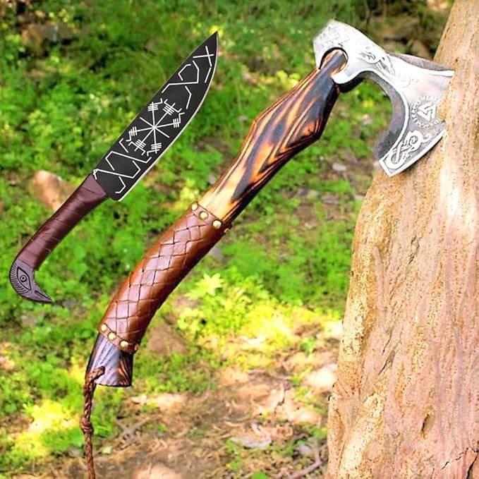 Viking Axe Gift Vikings Knife with Sheath | Hand Forged Real Handmade Outdoor Hunting Camping Axes