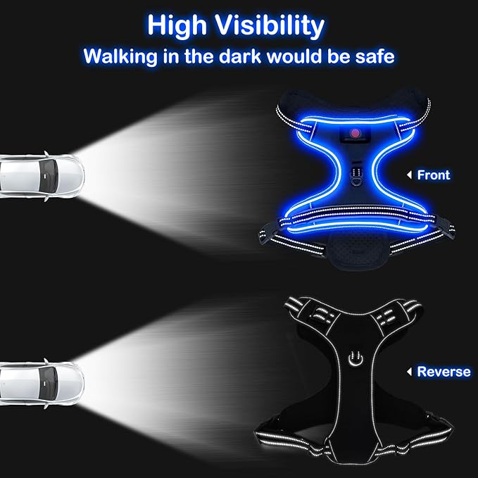 Light Up Dog Harness, No Pull LED Dog Harness with Handle, Rechargeable Lighted Safety Vest for