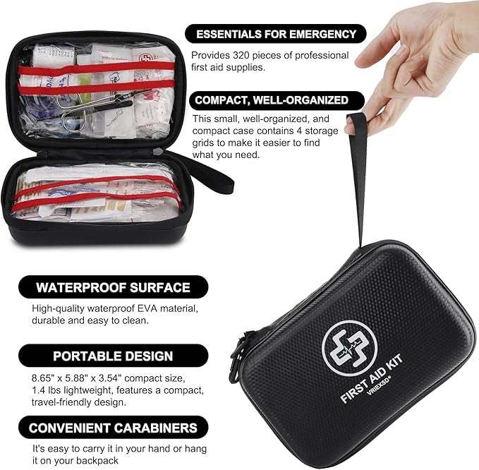 Premium First Aid Kit, 320 Piece Waterproof Hard Shell Eva First Aid Kit for Home, Camping, Cars