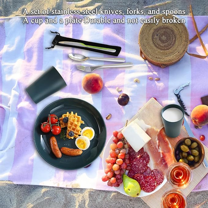 Evanda Camping Cutlery Set, Reusable Light Weight Mug, Plate and Stainless Steel Cutlery Set with