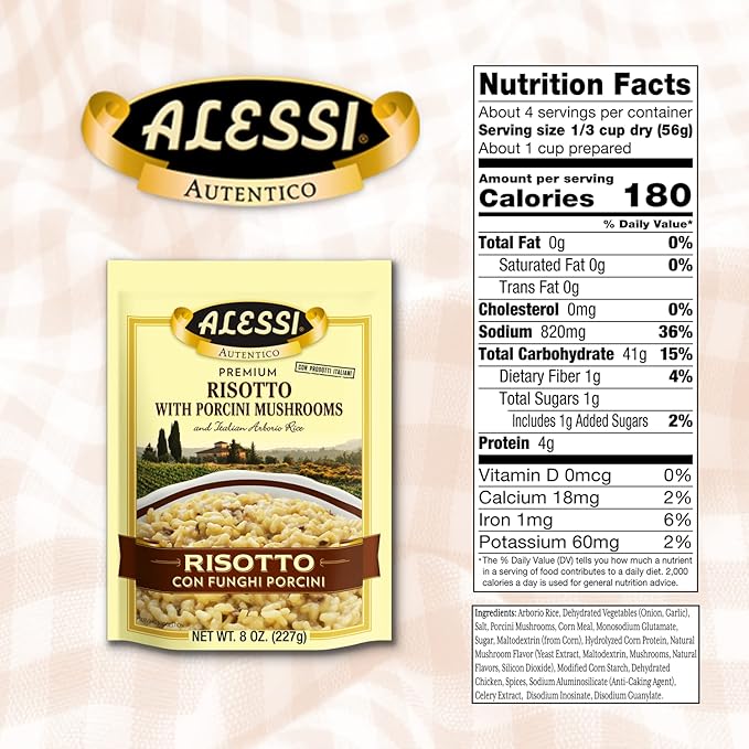 Alessi Autentico, Premium Seasoned Risotto, Italian Arborio Rice, Easy to Prepare, 8oz (Porcini