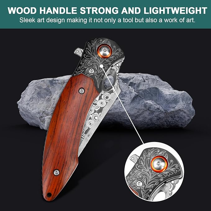 Damascus Pocket Knife, 3.27??Damascus Blade EDC Folding Knives with Guibourtia Wooden Handle