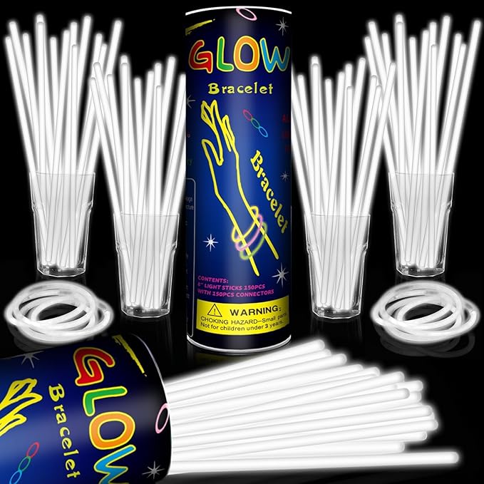 200 Pack 8'' Glow Sticks Bulk Party Favors White Light Up Sticks with Connectors Neon Glow in the