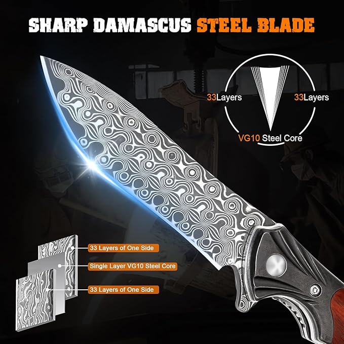 AUBEY Damascus Pocket Knife, Folding Knife with 3.43" Blade, Wooden Handle, Clip, EDC Knife for