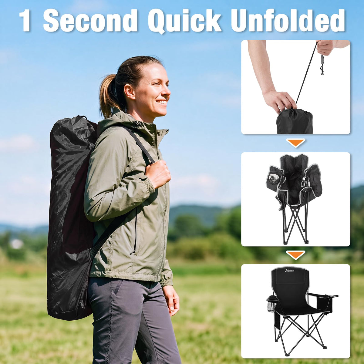 Romswi Lightweight 2Pcs Camping Chairs for Adults, Folding Lawn Chair with 4-Can Cooler Bag, Cup