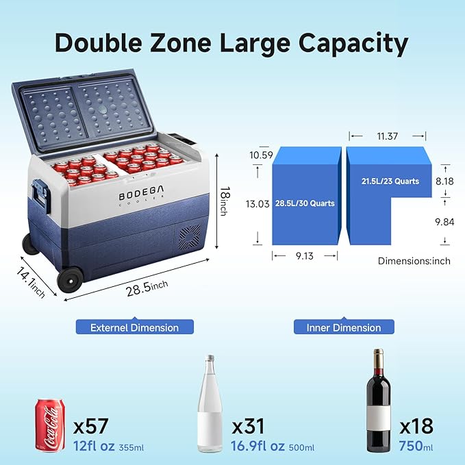 BODEGACOOLER 12 Volt Portable Refrigerator,53 Quart Car Fridge Dual Zone -4℉-68℉,50L Car Freezer