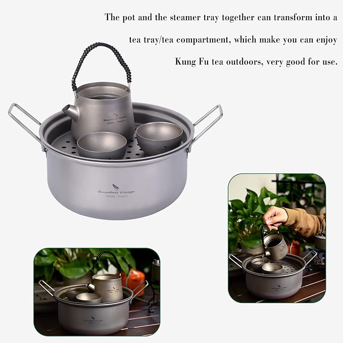Boundless Voyage Multifunctional Titanium Steamer Pot with Frying Pan and Vented Lid Outdoor