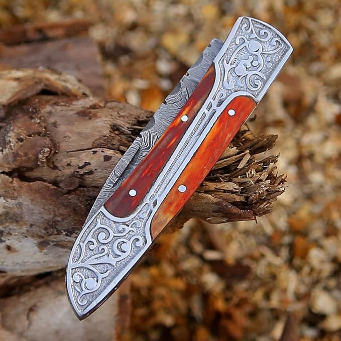 6.5 inch Damascus Pocket Knife with Sheath, Handmade Folding Pocket Knife for Men, Black-Red Wooden