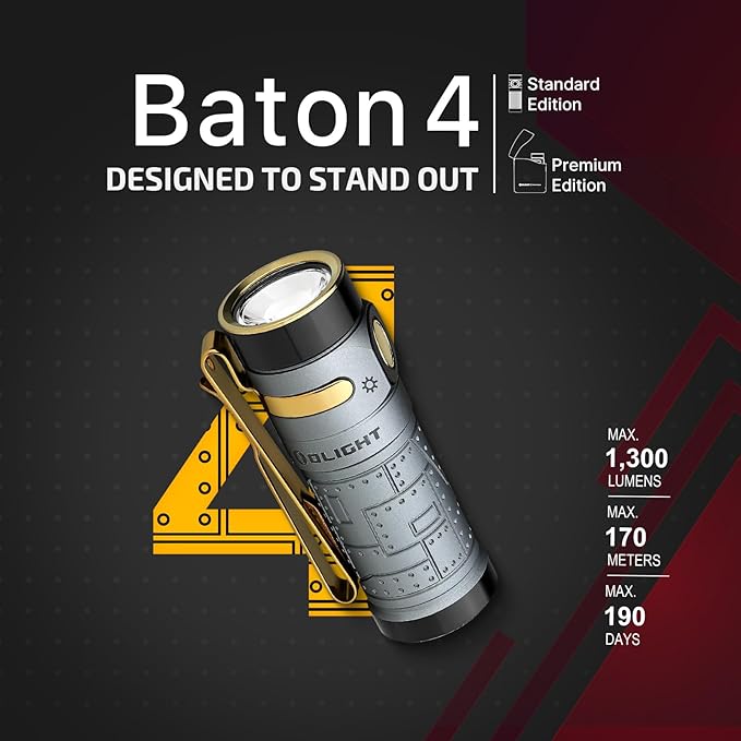 OLIGHT Baton4 Rechargeable EDC Flashlight, LED Pocket Light 1300 Lumens with Magnetic Charging