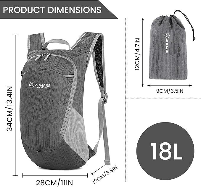 ZOMAKE Ultra Lightweight Packable Backpack 18L, Small Foldable Hiking Backpacks Water Resistant