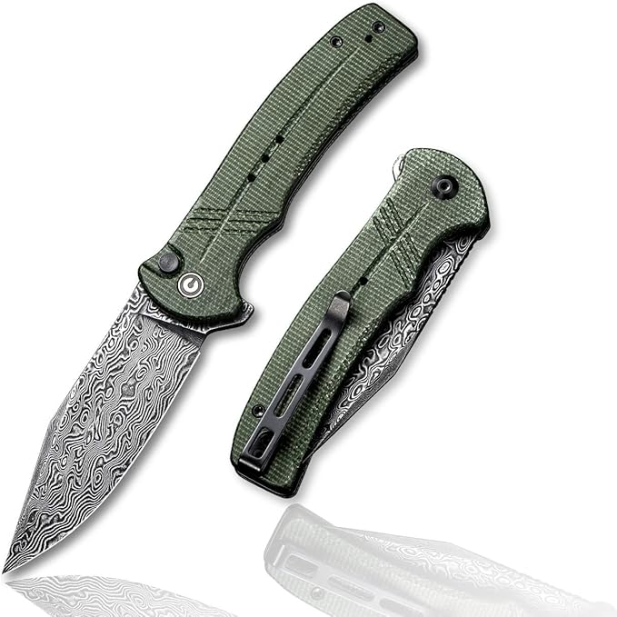 CIVIVI Cogent Button Lock Flipper Pocket Knife, Damascus Blade Green Micarta Handle, Good for