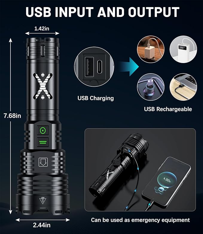LED Rechargeable Flashlights High Lumens,6000.000 Lumens Super Bright Flashlight with Type-C