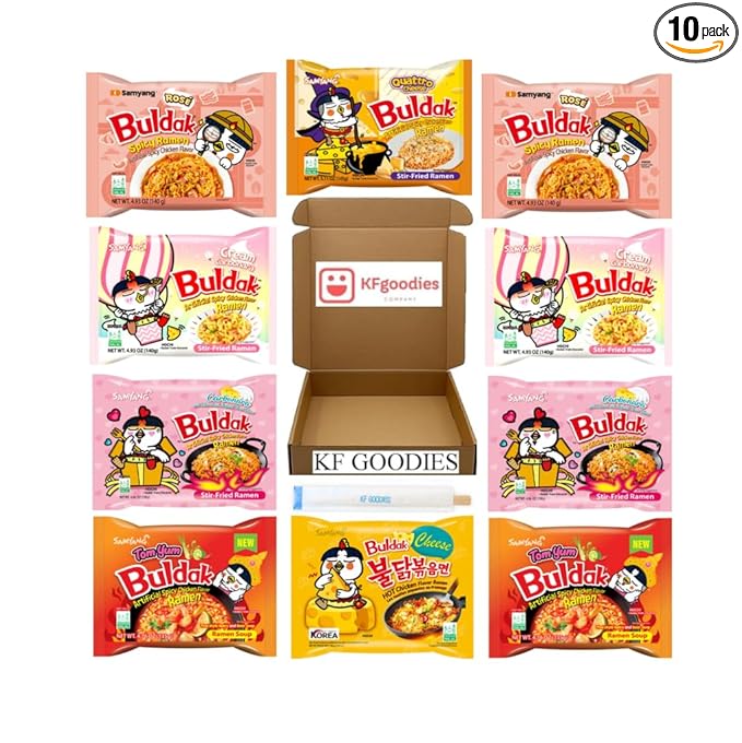 KF GOODIES Korean Ramen Variety Pack Gift Box (10 Count) – Spicy Buldak Noodle Assortment for