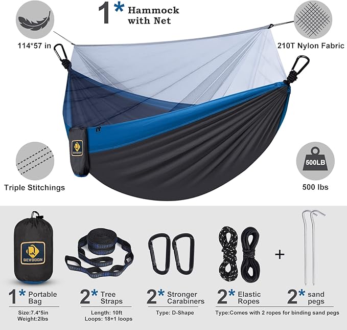 Camping Hammock with Net,Travel Portable Lightweight Hammocks with Tree Straps and Solid D-Shape