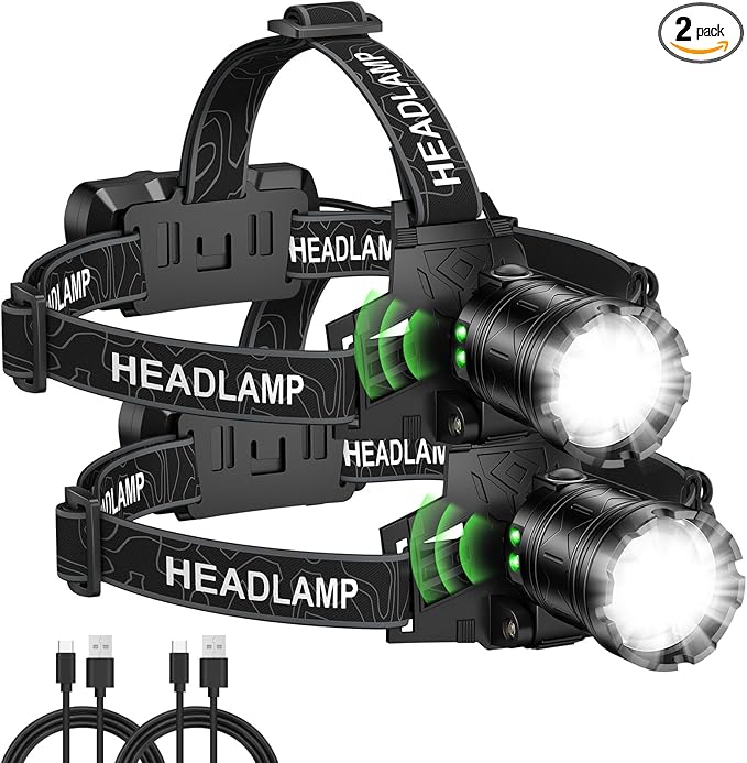 Headlamp Rechargeable 99,000LM Super Bright, 2pack LED Head Lamp with 3 Modes, 90°Adjustable Head