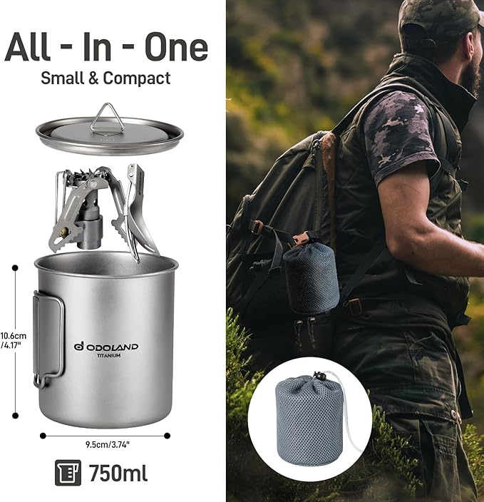 Odoland Titanium Camping Cookware 750ML Titanium Pot with Camping Stove and Spork Portable Pot for
