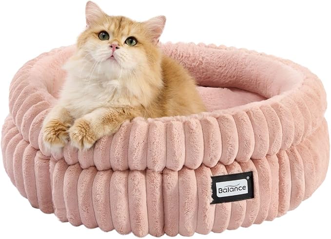 BALANCE Cat Bed Kitten Bed, Washable Round Cat Beds for Indoor Cats,Super Soft Plush Faux Fur Pet