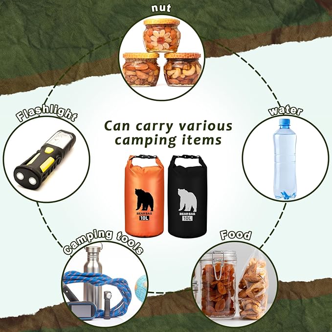 2 Pcs 10L Waterproof Bear Bags with 4 Nylon Ropes, 4 Clips & 2 Rock Pockets & 2 Small Warning Bells