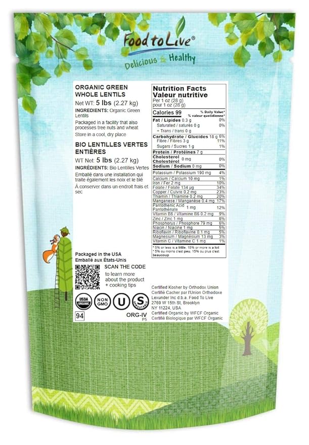 Food to Live Organic Whole Green Lentils, 5 Pounds - Non-GMO, Dried Raw Beans, Sproutable, Vegan