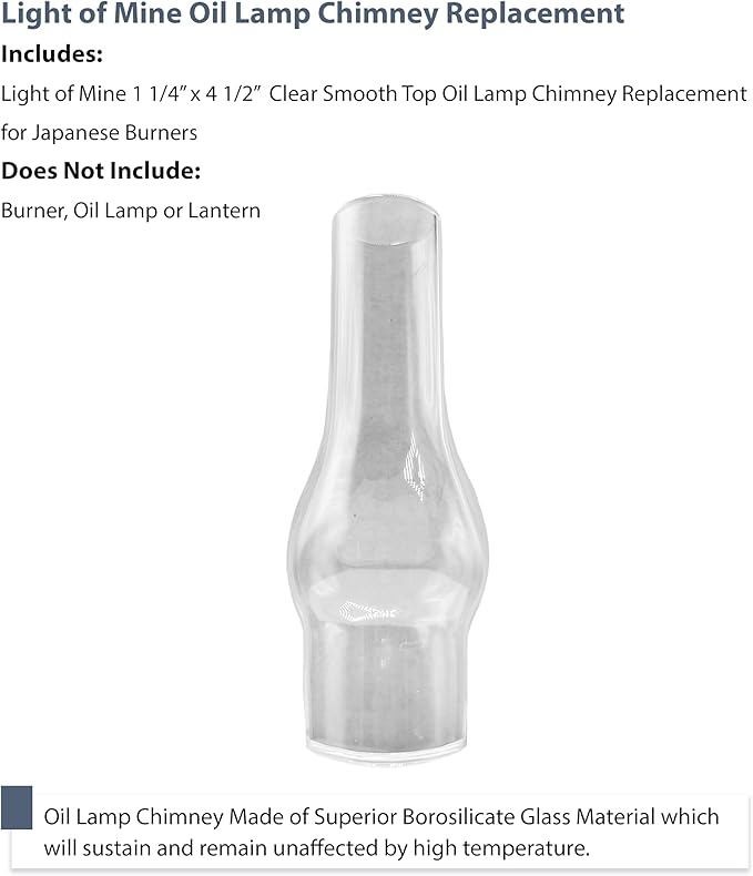 Light of Mine: 1.25" X 4.25" Oil Lamp Replacement Chimney - Clear Smooth Top Borosilicate Chimney