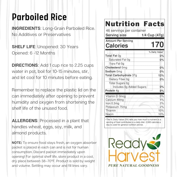 Ready Harvest Emergency Food - Parboiled White Rice | Survival Food | Pantry Staples | #10 Can |