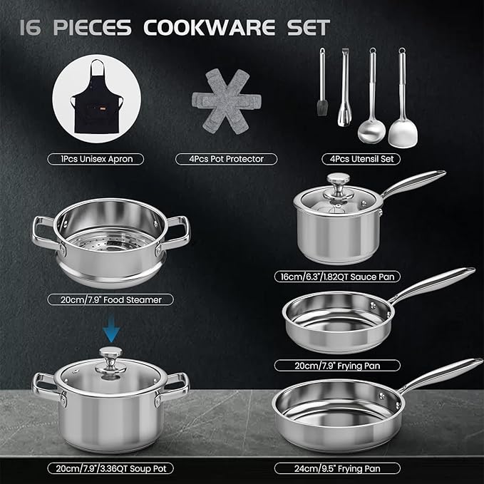 Meythway 𝐇𝐄𝐀𝐕𝐘 Pots and Pans Set Non Toxic, 16PCs Stainless Steel Cookware Set with Steamer