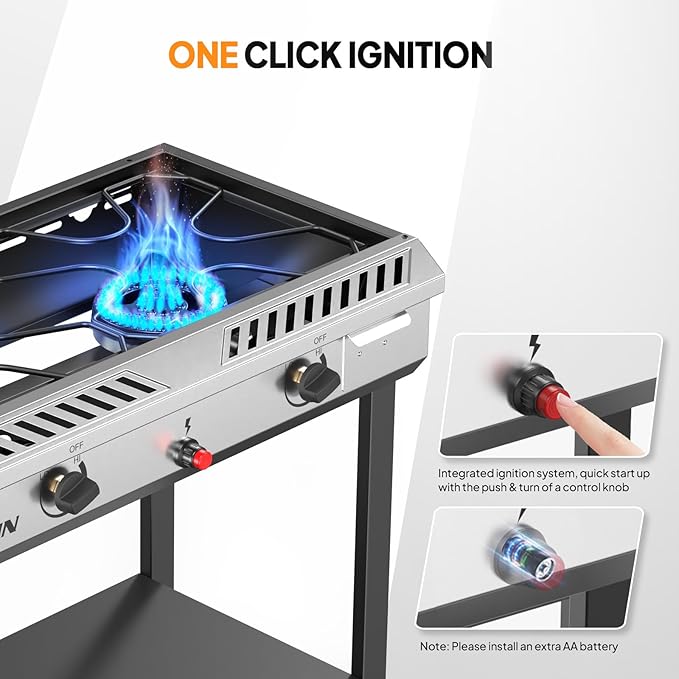 ROVSUN 2 Burner Outdoor Propane Gas Stove with Auto-ignition, Regulator & Shelf, 150,000 BTU