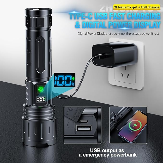 Rechargeable Flashlights High Lumens - 2000 Lumens Long Beam Super Bright LED Flash Light with