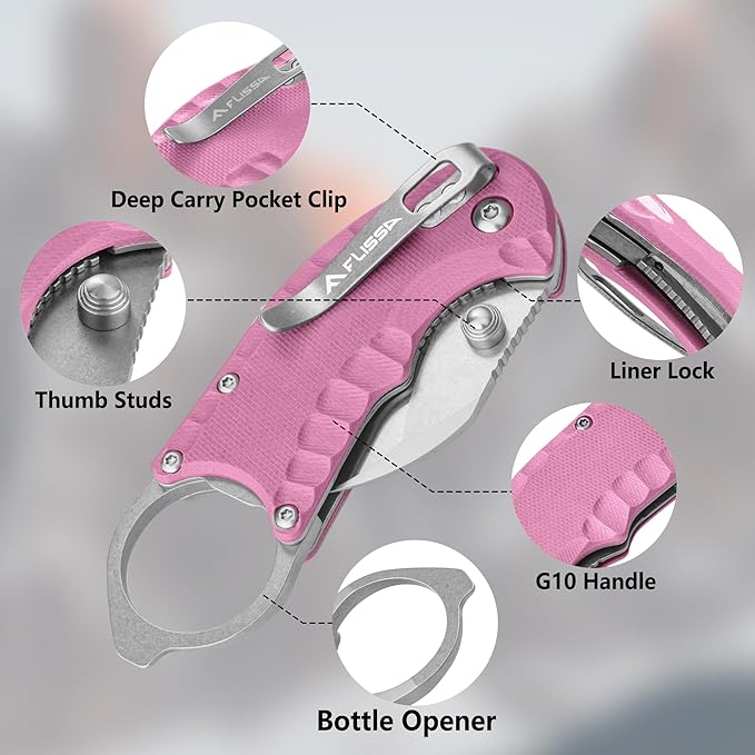 FLISSA 4" Small Folding Pocket Knife, Lightweight Utility Knife, Pink G10 Handle, EDC Pocket Knife