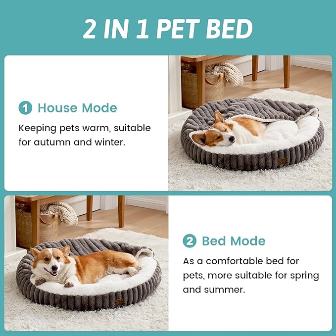 Small Dog Bed with Hooded Blanket, Round Fluffy Anti-Anxiety Pet Bed for Small Dogs & Medium Dogs