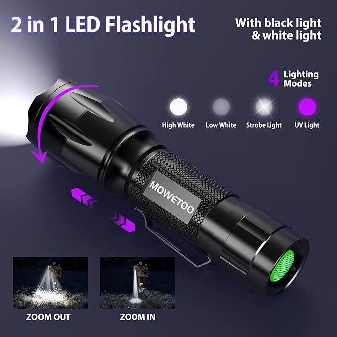 UV Flashlight, Portable Blacklight Flashlight, LED Torch with White and Ultraviolet Light Combo