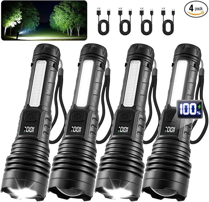 4Pack Flashlights High Lumens 9900FL, 7Mode Flashlight Rechargeable with LCD Digital Display