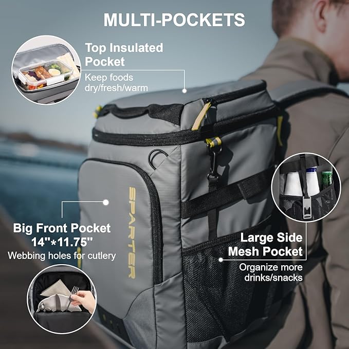 SPARTER Backpack Cooler Insulated Leak Proof 33/49 Cans, 2 Insulated Compartments Thermal Bag