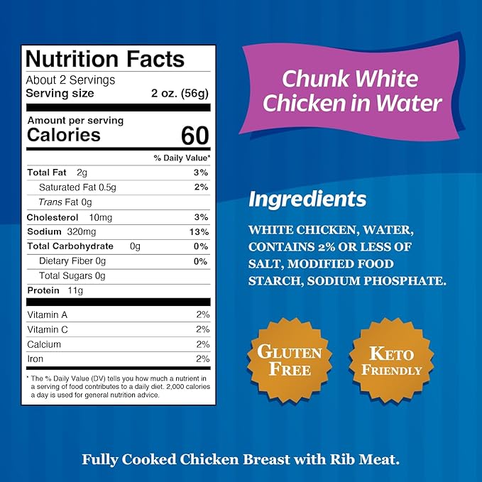 Sweet Sue Chunk White Chicken in Water, 5 oz Can (Pack of 24) - 11g Protein per Serving - Gluten