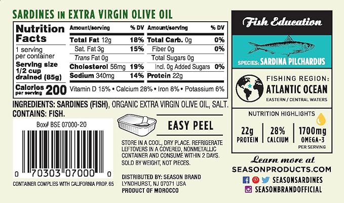 Season Sardines in Extra Virgin Olive Oil - Wild Caught, 22g of Protein, Keto Snacks, More Omega