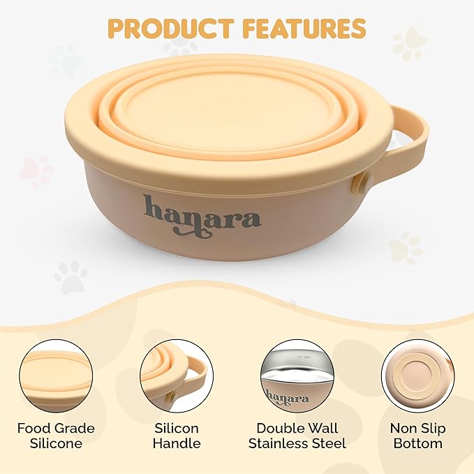 HANARA 2-in-1 Insulated Dog Bowl with Collapsible Lid & Handle ??Stainless Steel, Non-Slip Rubber