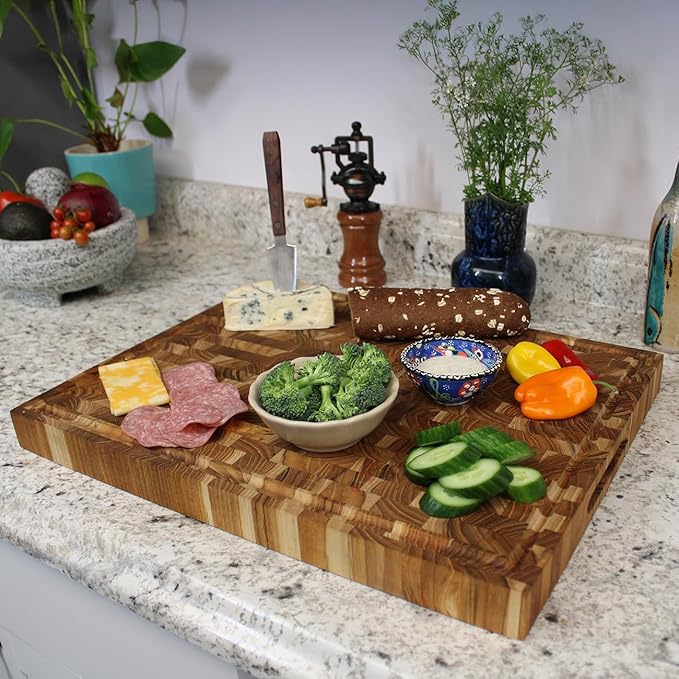 EcoDecors FSC Certified Solid Teak Wood Cutting Board 24x18, Large End Grain Butcher Block with