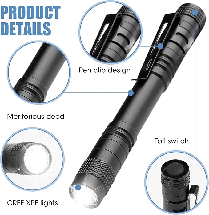 5.1" Mini Pocket Flashlight, Small LED Pen Light with Clip, 500 Lumen Torch White Light Powered by