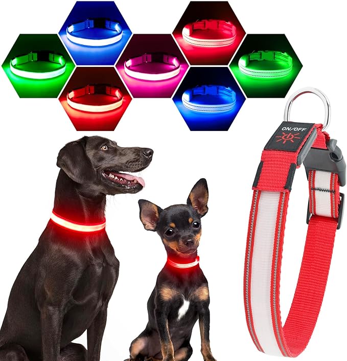 Visinite Light Up Dog Collar, Reflective LED Dog Collar, Adjustable Lighted Dog Collars
