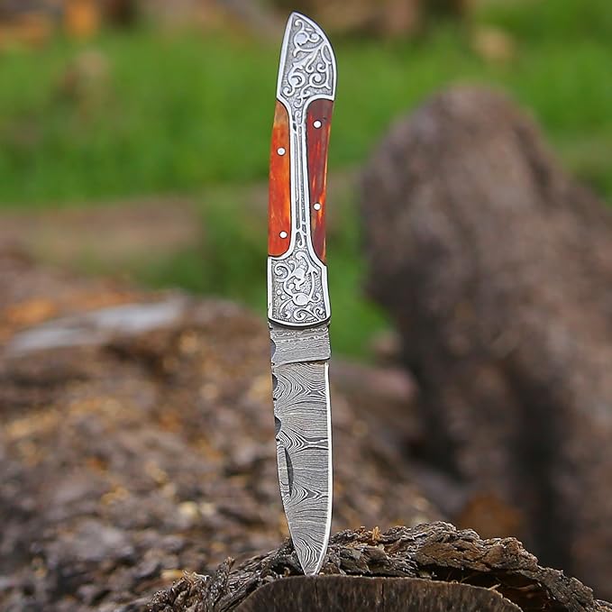 6.5 inch Damascus Pocket Knife with Sheath, Handmade Folding Pocket Knife for Men, Black-Red Wooden